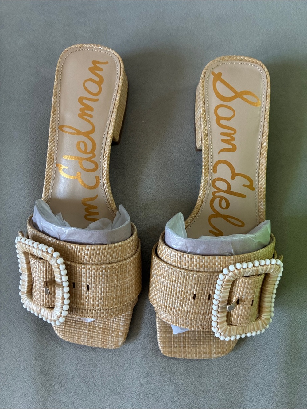 Sam Edelman Tan Woven Deacon Beaded Buckle Slide Mules